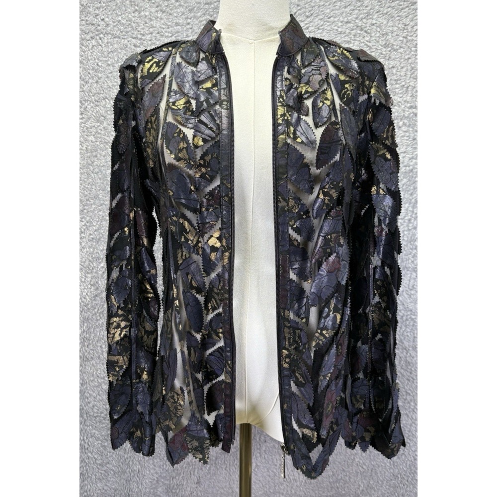 Natto Womens S Leather Jacket Purple Black Leaf Print Mesh Front Zip Artsy Boho
